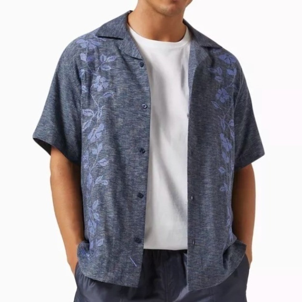 Saturdays NYC Embroidered Floral Shirt Size XL Blue Button Up Resortwear Coastal